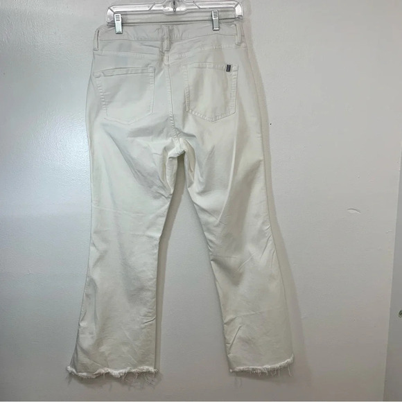 White Jeans Woman 31 High Rise Flare Pockets‎ Raw Hem 28” Stretch Boho Coastal - Picture 4 of 13